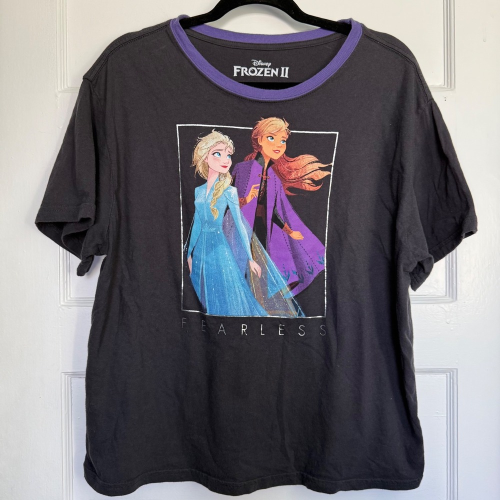 Disney Frozen 2 Elsa Anna Fearless Graphic T-Shirt Kids XXL 18-20 Black Purple